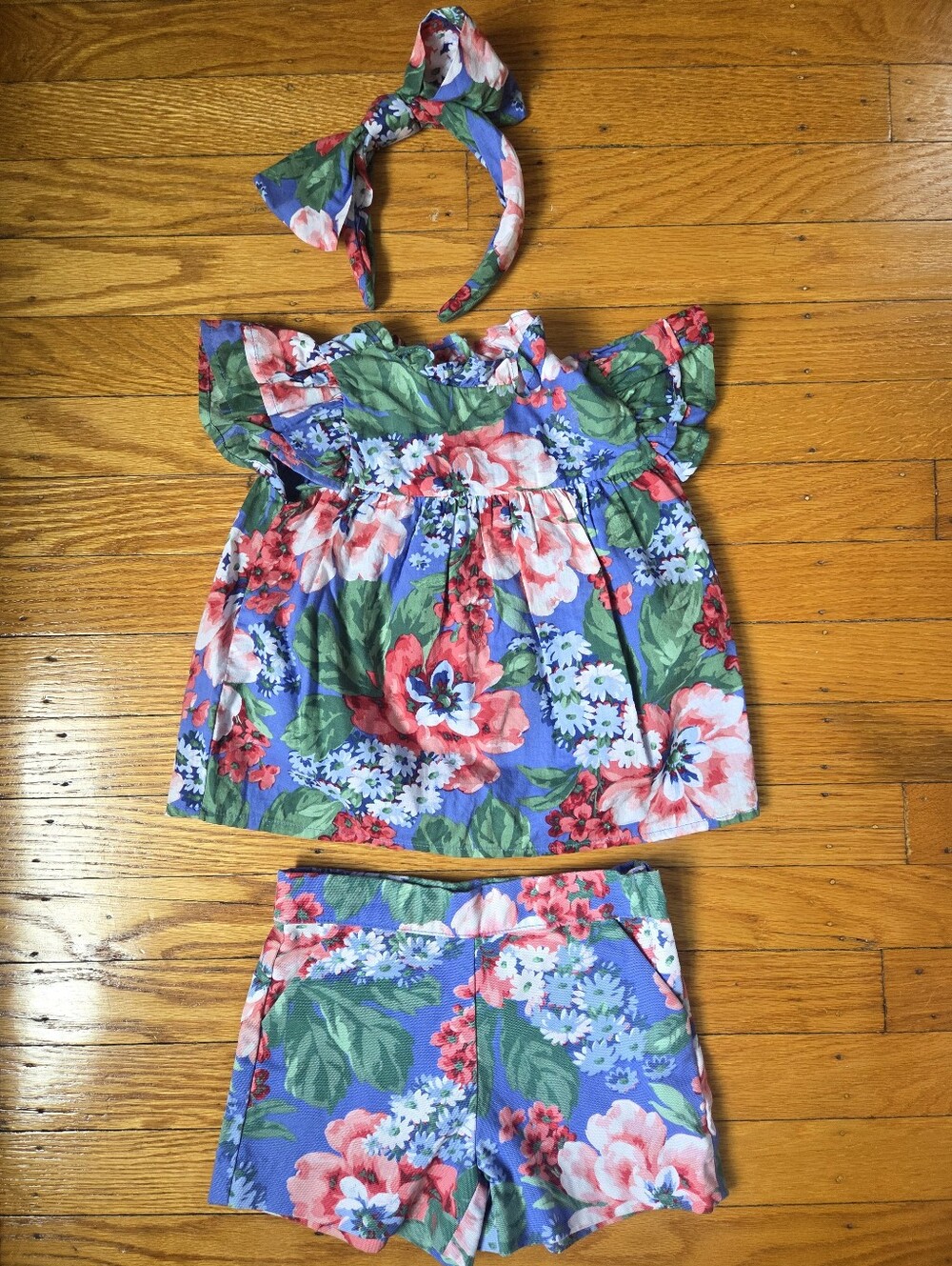 Janie and Jack Blue Floral Three-Piece Set with Headband 18-24M Toddler Girl